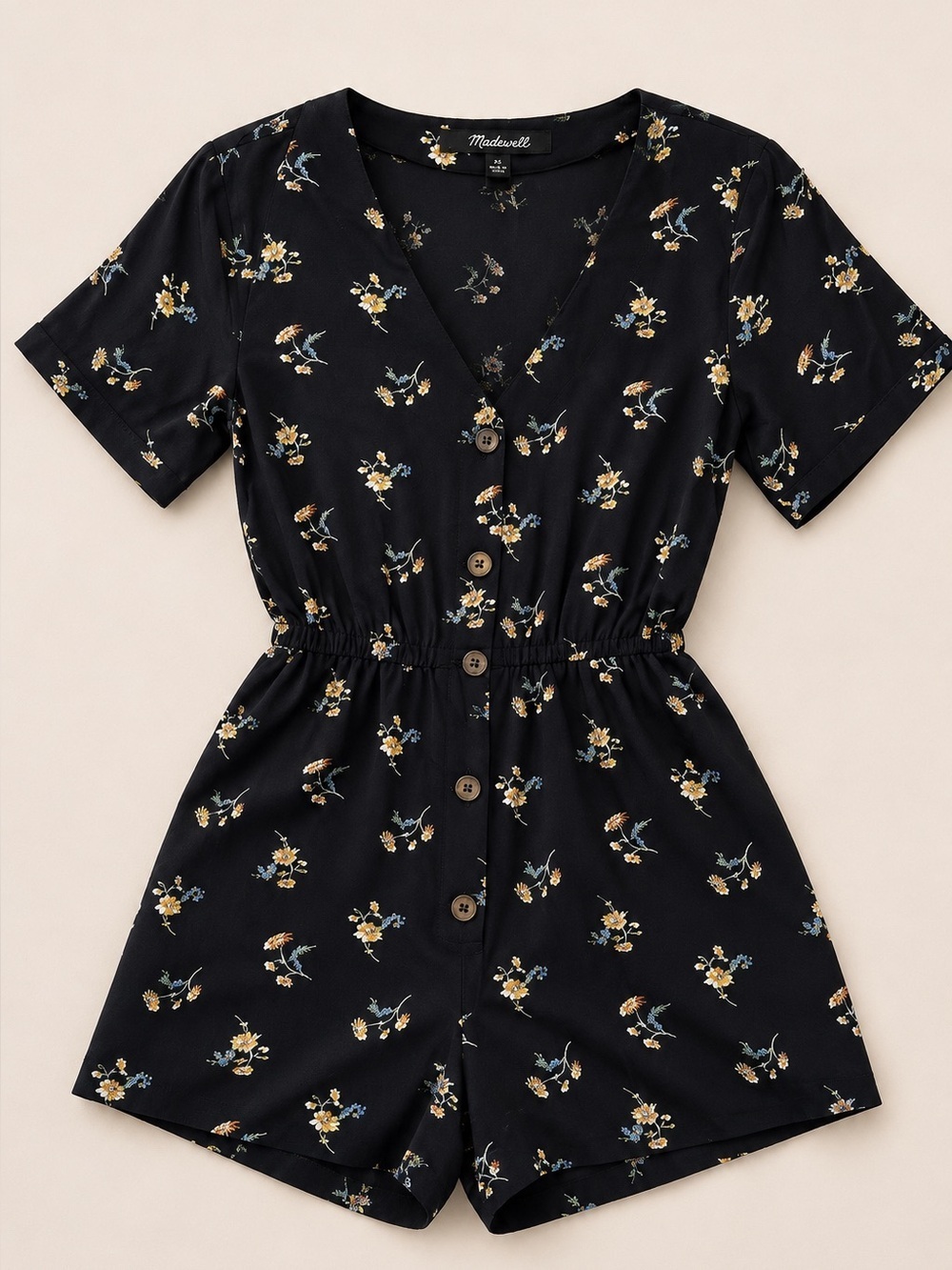 Madewell • Button-Up Black Daisies Day Romper • Size XS • NWOT